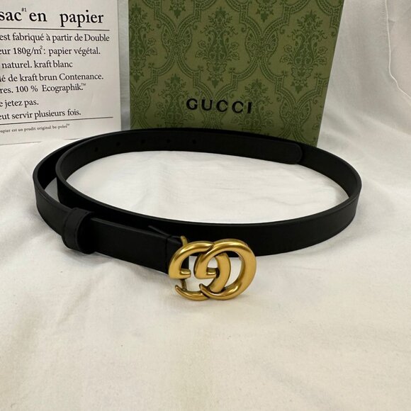 Gucci Accessories - Gucci Black and Gold Leather Belt with Signature GG Buckle